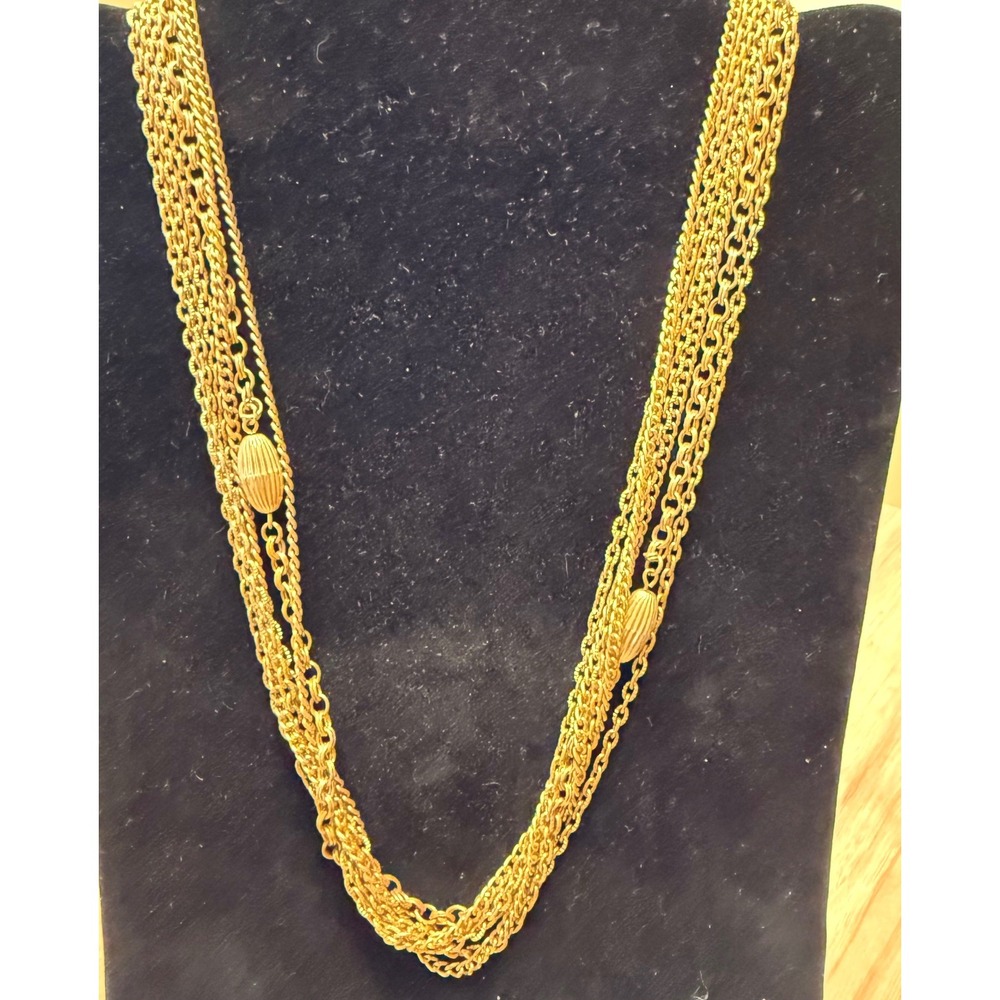 Vintage Multi Strand Gold Tone Chain Necklace Ornate Box Clasp Melon Beads 20in